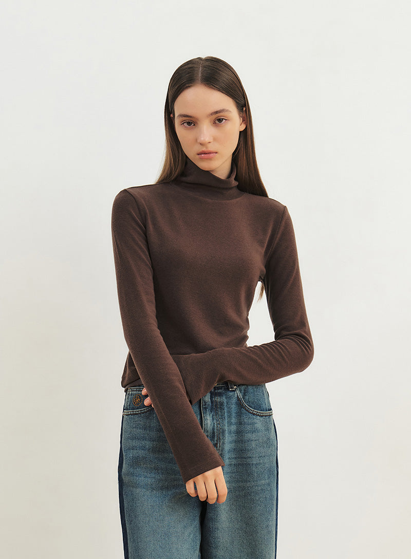 Wool Tencel Cropped Turtel Neck T-Shirts Brown