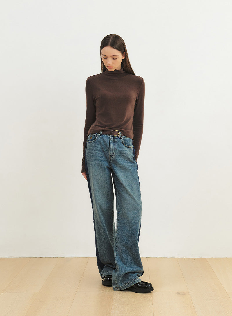 Wool Tencel Cropped Turtel Neck T-Shirts Brown