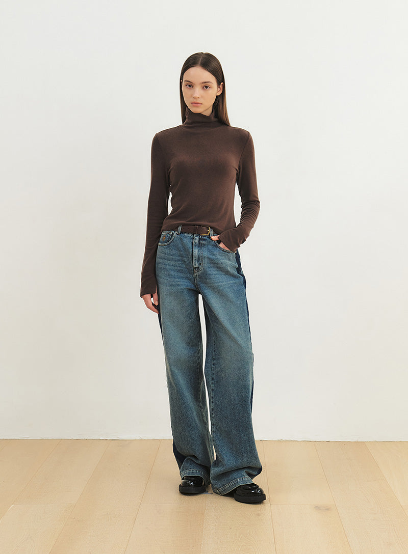 Wool Tencel Cropped Turtel Neck T-Shirts Brown